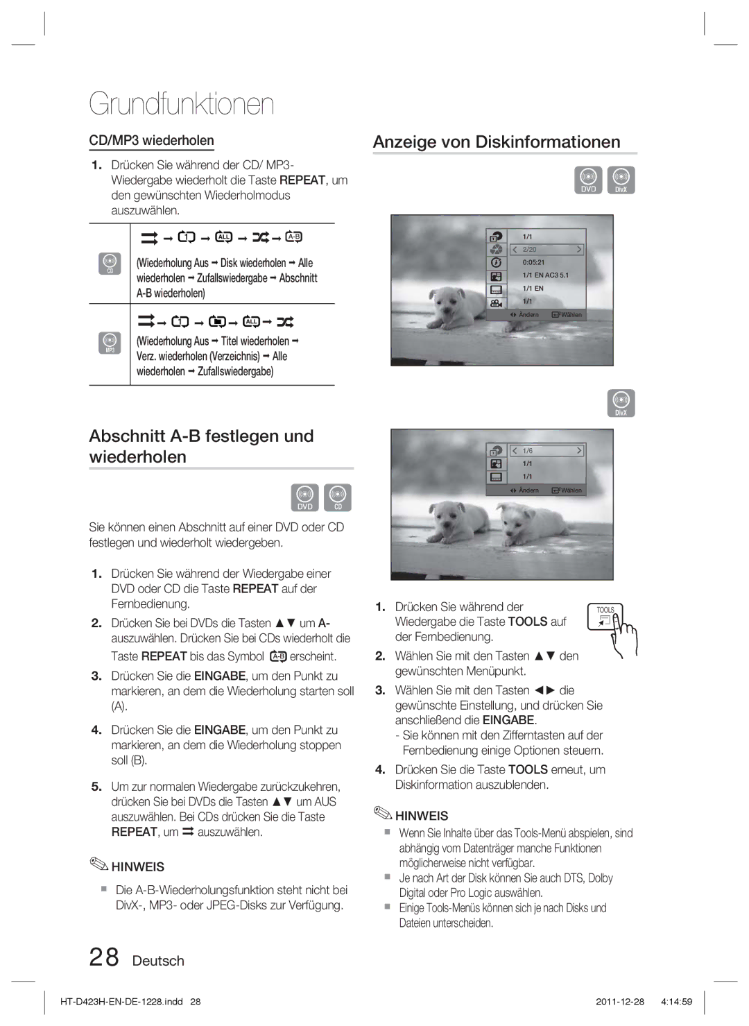 Samsung HT-D423H/ZF manual Anzeige von Diskinformationen, Abschnitt A-B festlegen und wiederholen, CD/MP3 wiederholen 