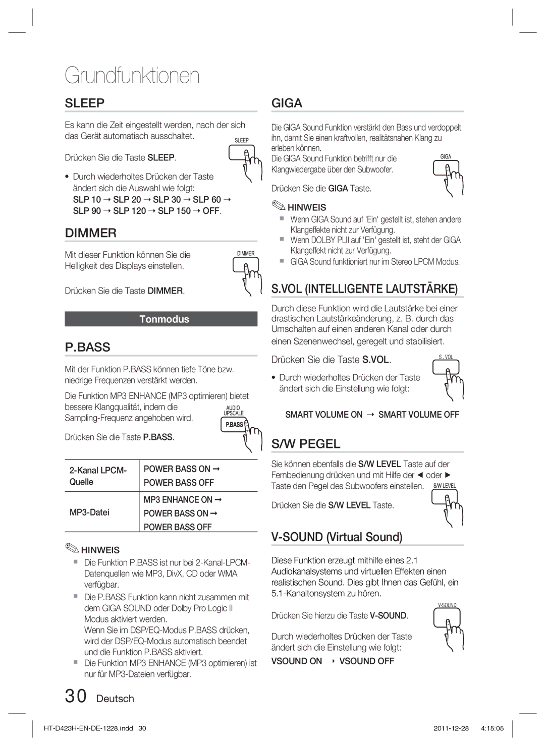 Samsung HT-D423H/EN, HT-D423H/XN, HT-D423H/ZF, HT-D423H/XE manual Tonmodus, Drücken Sie die Taste S.VOL 