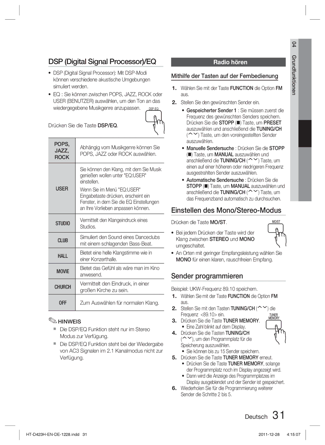 Samsung HT-D423H/XN, HT-D423H/EN, HT-D423H/ZF manual Einstellen des Mono/Stereo-Modus, Sender programmieren, Radio hören 