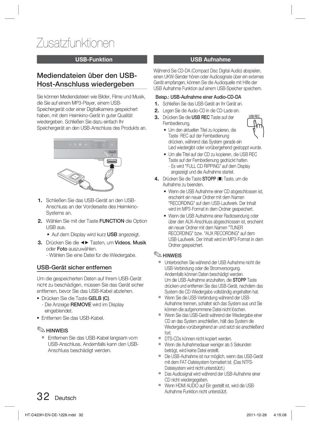 Samsung HT-D423H/ZF Zusatzfunktionen, Mediendateien über den USB- Host-Anschluss wiedergeben, USB-Funktion, USB Aufnahme 