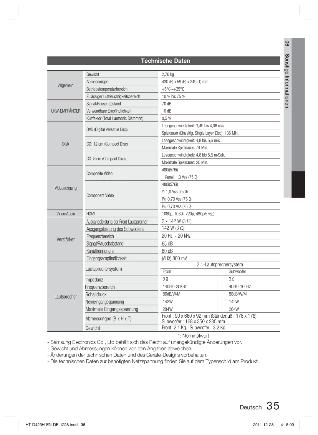 Samsung HT-D423H/XN, HT-D423H/EN, HT-D423H/ZF manual Technische Daten, Verstärker, Sonstige, Lautsprecher, Informationen 