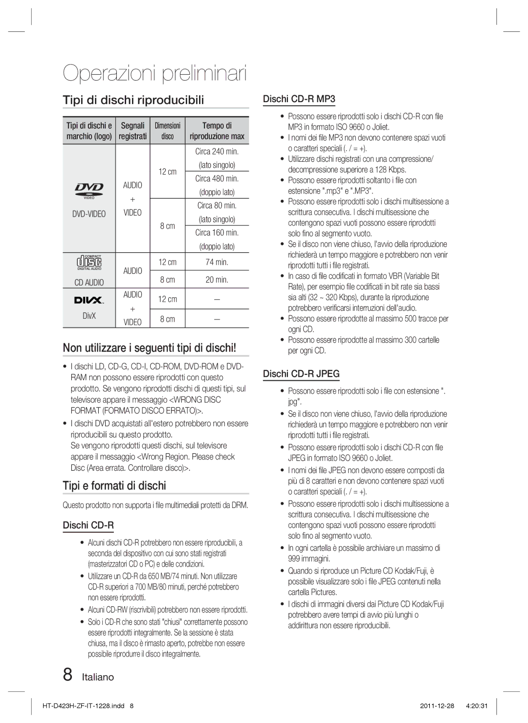 Samsung HT-D423H/XE manual Tipi di dischi riproducibili, Non utilizzare i seguenti tipi di dischi, Tipi e formati di dischi 