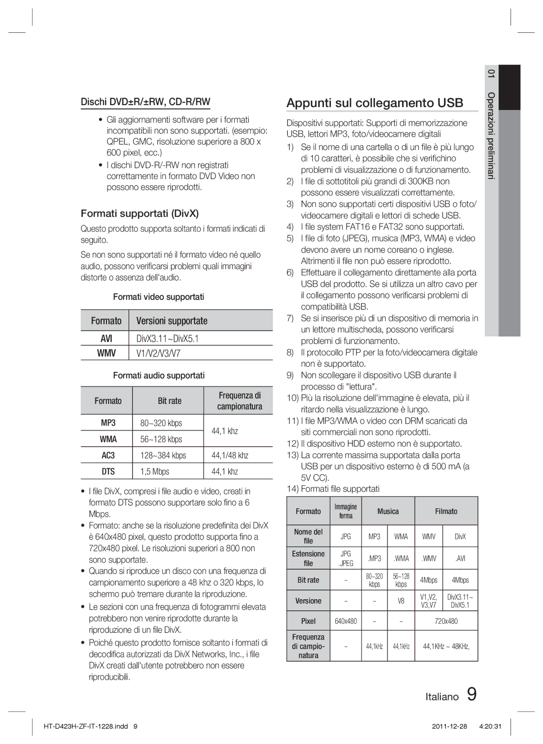 Samsung HT-D423H/EN, HT-D423H/XN manual Appunti sul collegamento USB, Dischi DVD±R/±RW, CD-R/RW, Formati supportati DivX 