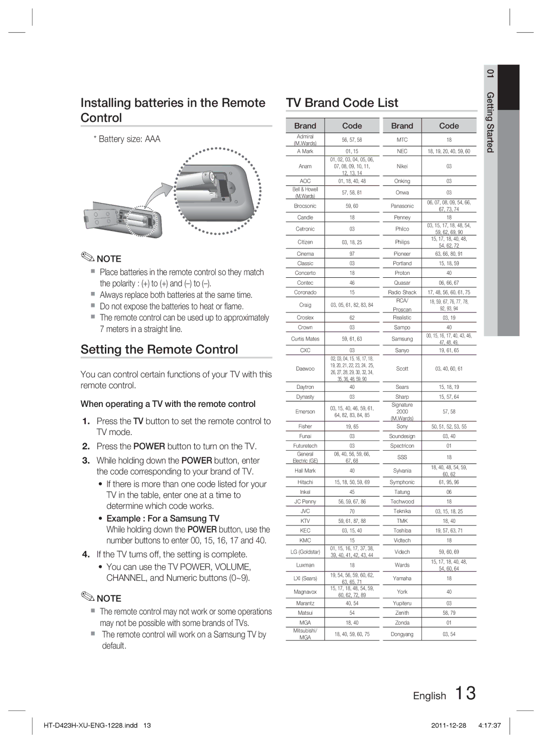 Samsung HT-D423H/XN manual Setting the Remote Control, Battery size AAA, If the TV turns off, the setting is complete 