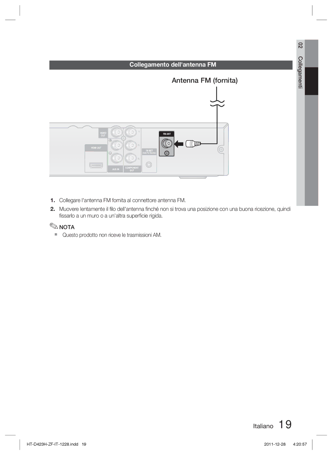 Samsung HT-D423H/ZF manual Antenna FM fornita, Collegamento dellantenna FM,  Questo prodotto non riceve le trasmissioni AM 