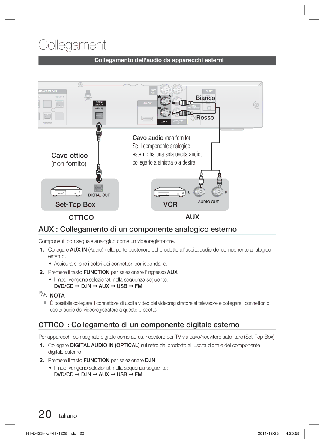 Samsung HT-D423H/XE manual AUX Collegamento di un componente analogico esterno, Cavo ottico non fornito Set-Top Box, Bianco 