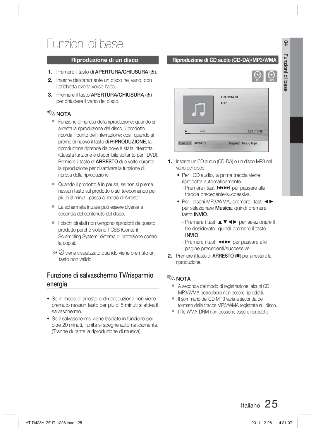 Samsung HT-D423H/EN, HT-D423H/XN Funzioni di base, Funzione di salvaschermo TV/risparmio energia, Riproduzione di un disco 