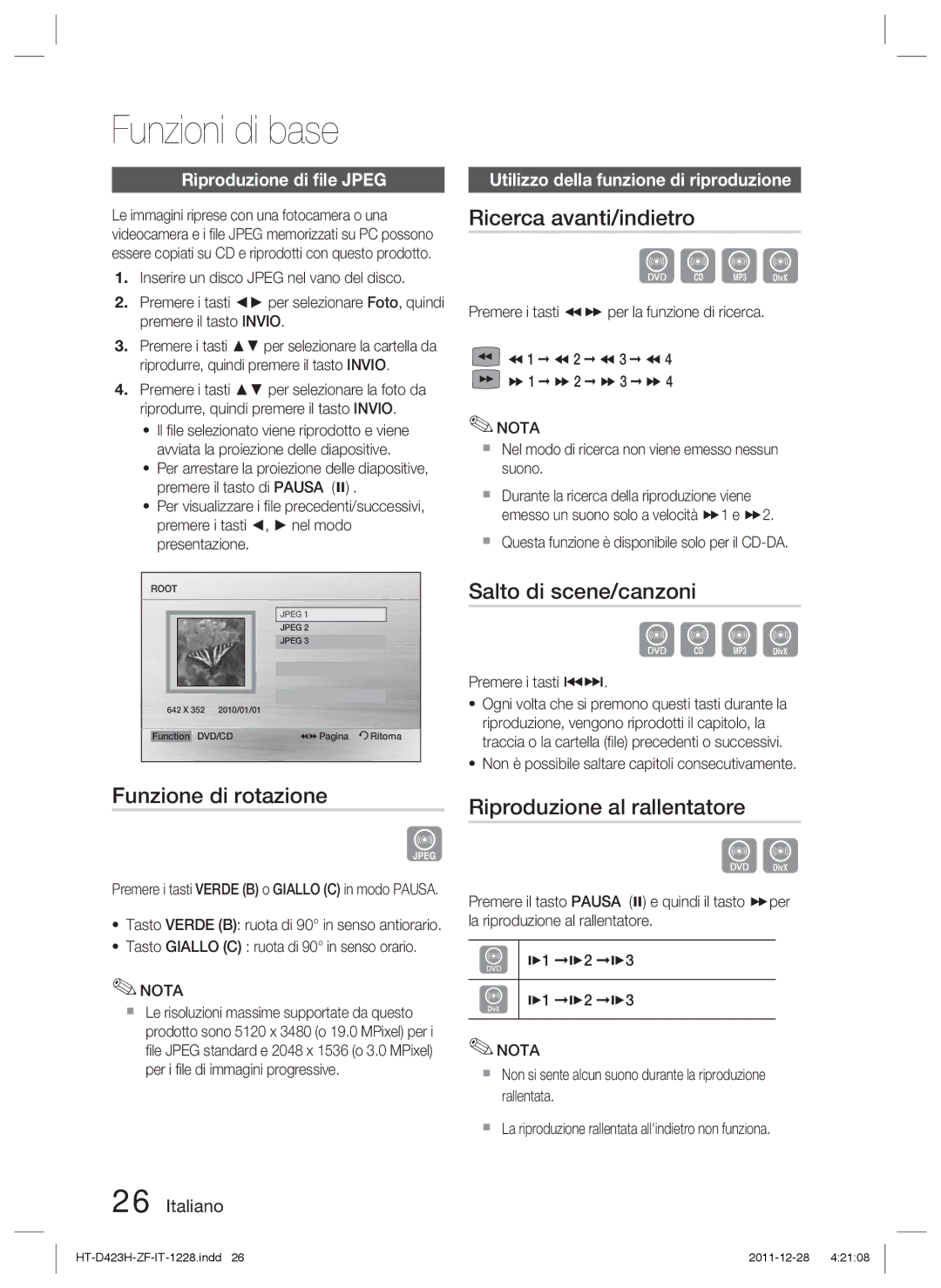 Samsung HT-D423H/XN Ricerca avanti/indietro, Salto di scene/canzoni, Funzione di rotazione, Riproduzione al rallentatore 