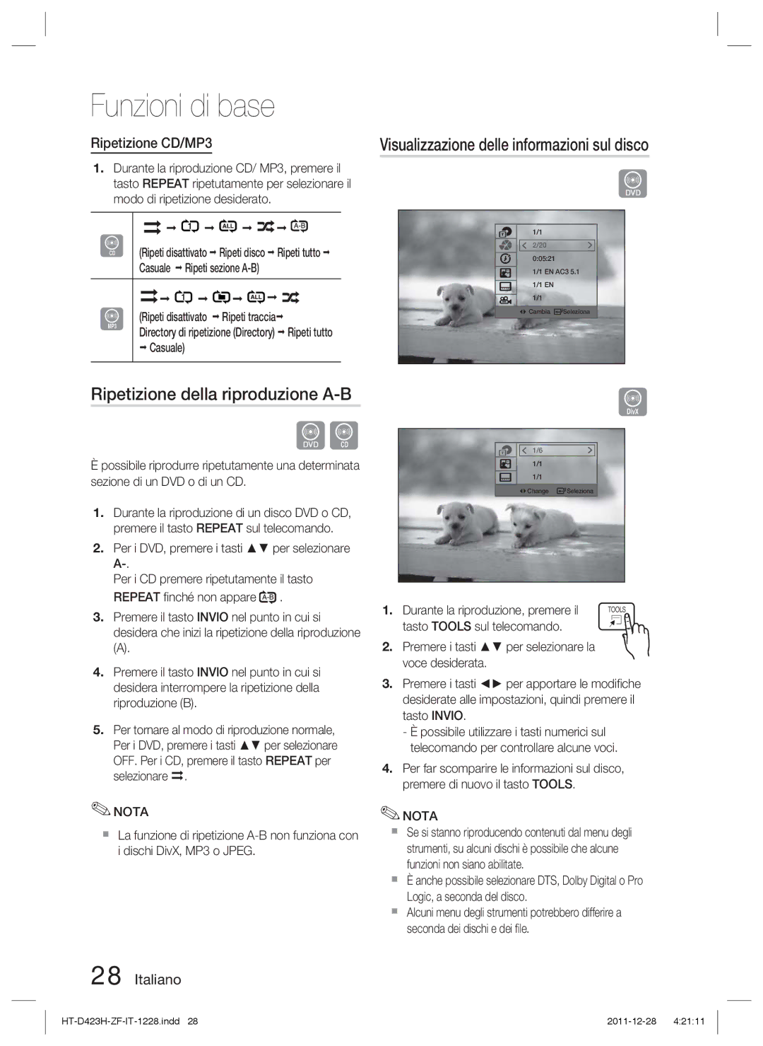 Samsung HT-D423H/XE Visualizzazione delle informazioni sul disco, Ripetizione della riproduzione A-B, Ripetizione CD/MP3 