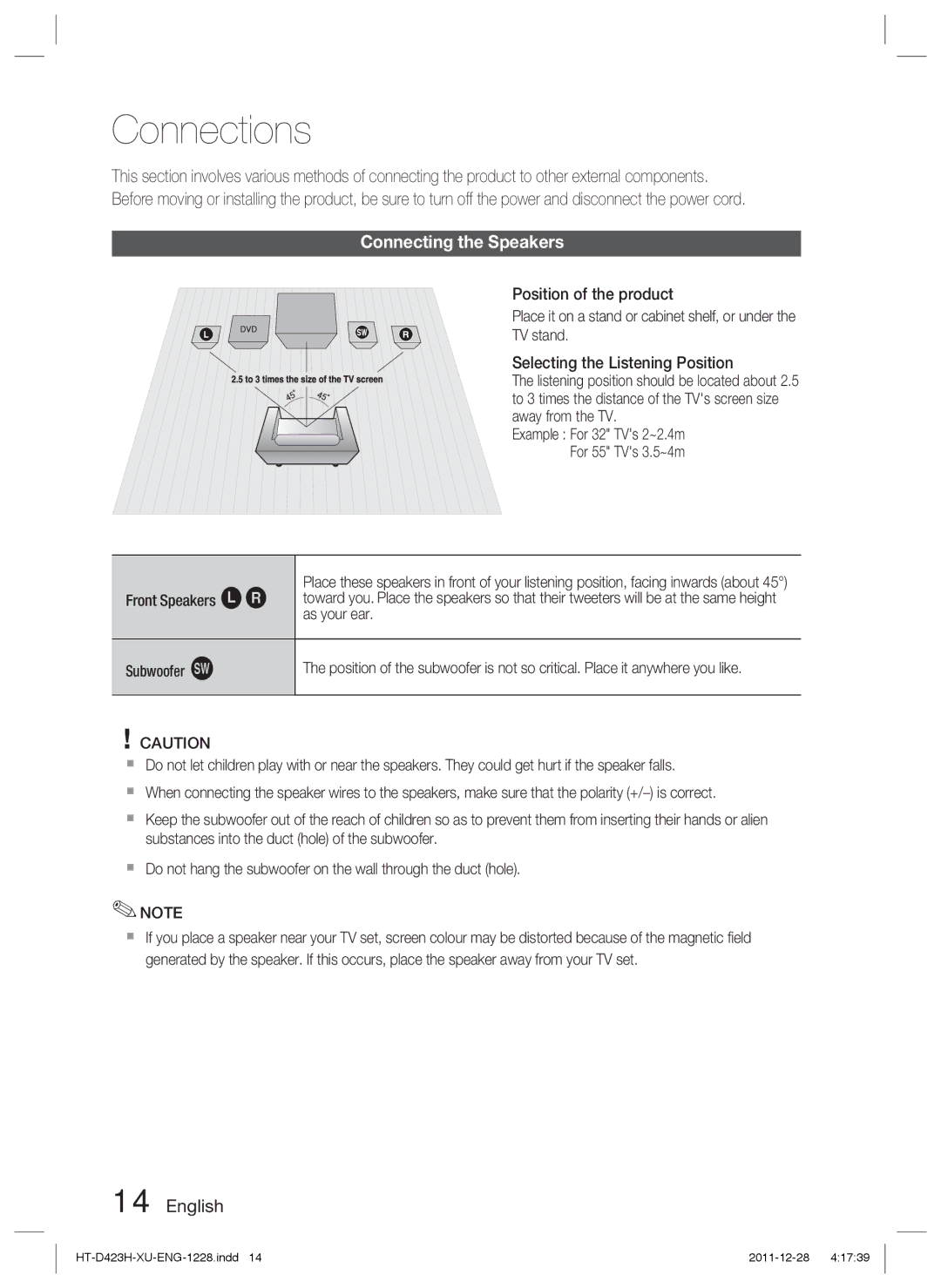 Samsung HT-D423H/ZF, HT-D423H/EN, HT-D423H/XN, HT-D423H/XE manual Connections, Connecting the Speakers 