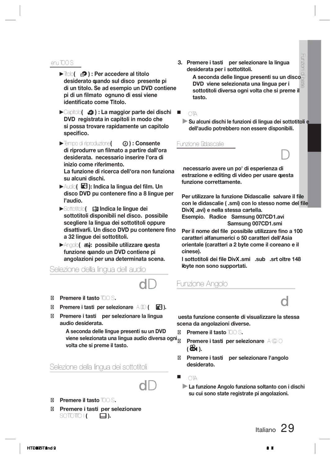 Samsung HT-D423H/EN Selezione della lingua dellaudio, Selezione della lingua dei sottotitoli, Funzione Angolo, Menu Tools 