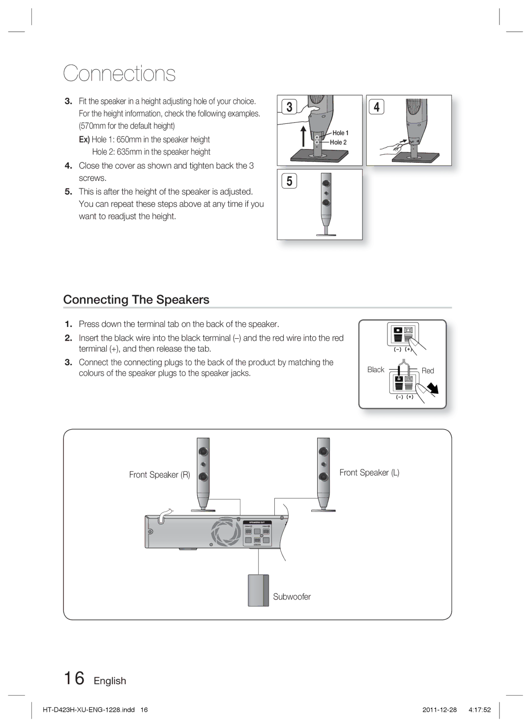 Samsung HT-D423H/EN, HT-D423H/XN, HT-D423H/ZF manual Connecting The Speakers, Front Speaker R Front Speaker L Subwoofer, Red 