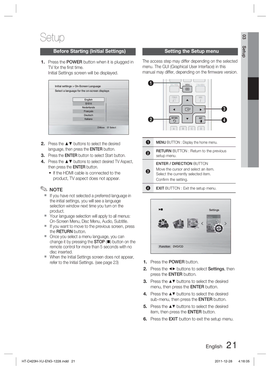 Samsung HT-D423H/XN, HT-D423H/EN, HT-D423H/ZF, HT-D423H/XE manual Before Starting Initial Settings, Setting the Setup menu 