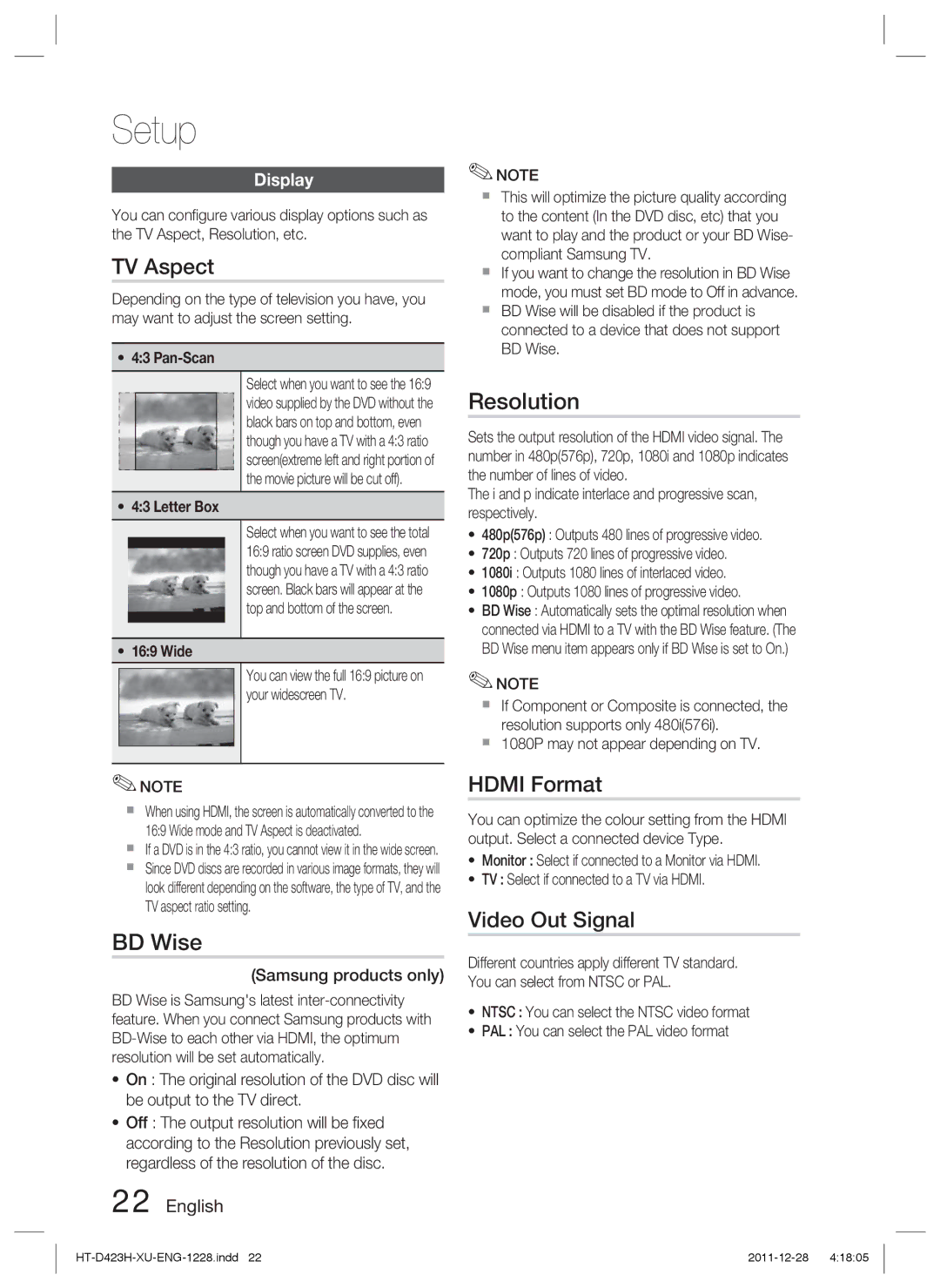 Samsung HT-D423H/ZF, HT-D423H/EN, HT-D423H/XN, HT-D423H/XE TV Aspect, BD Wise, Resolution, Hdmi Format, Video Out Signal 