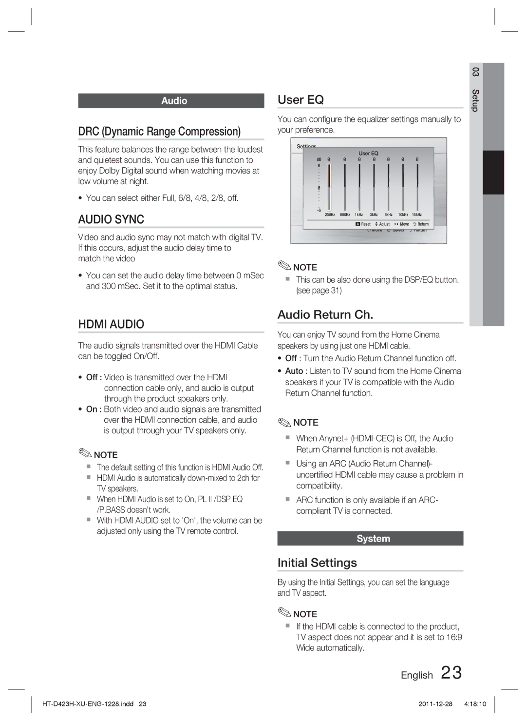 Samsung HT-D423H/XE, HT-D423H/EN, HT-D423H/XN, HT-D423H/ZF manual User EQ, Audio Return Ch, Initial Settings, System 