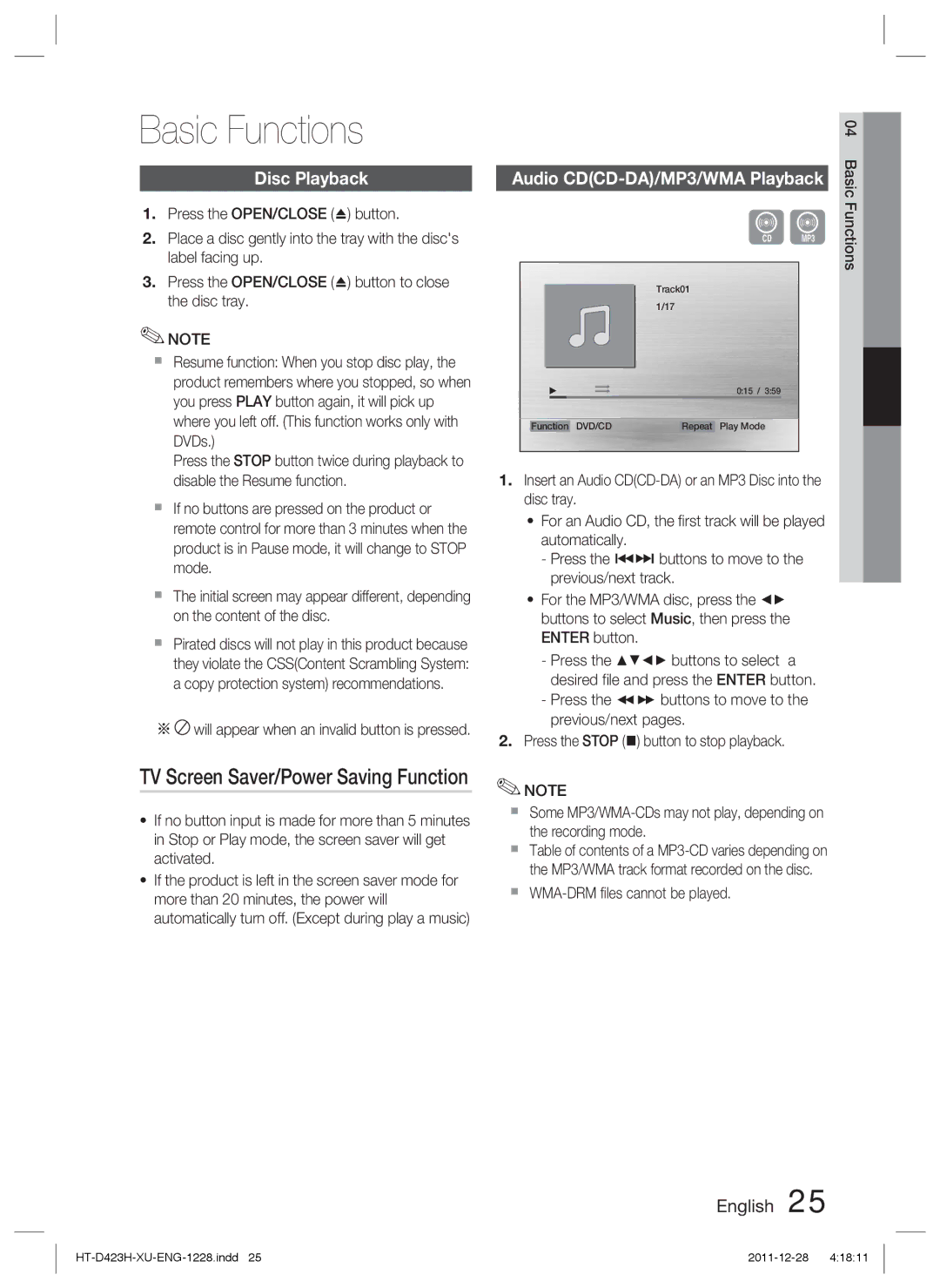 Samsung HT-D423H/XN Basic Functions, TV Screen Saver/Power Saving Function, Disc Playback, Audio CDCD-DA/MP3/WMA Playback 