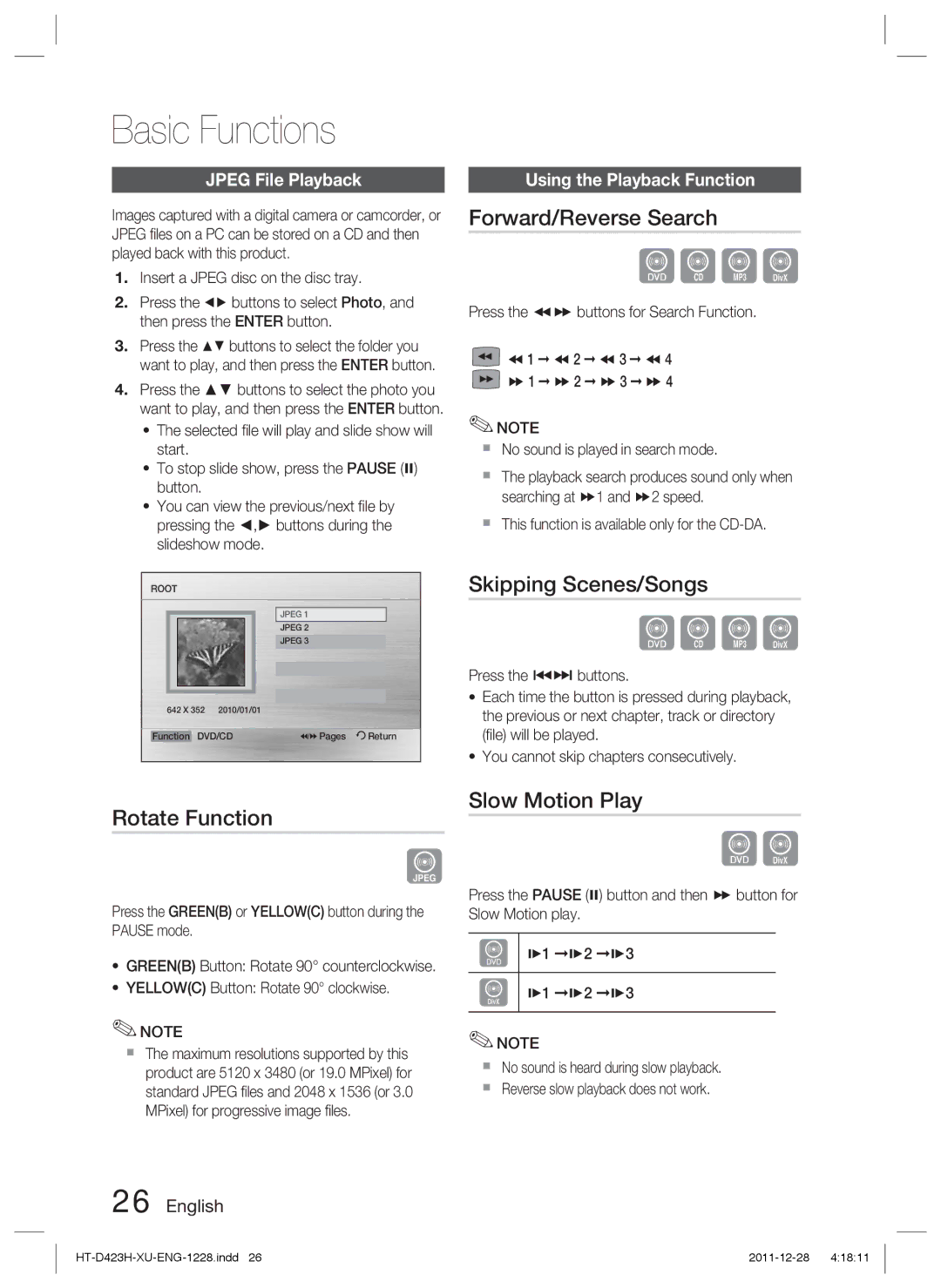 Samsung HT-D423H/ZF, HT-D423H/EN manual Forward/Reverse Search, Skipping Scenes/Songs, Rotate Function, Slow Motion Play 