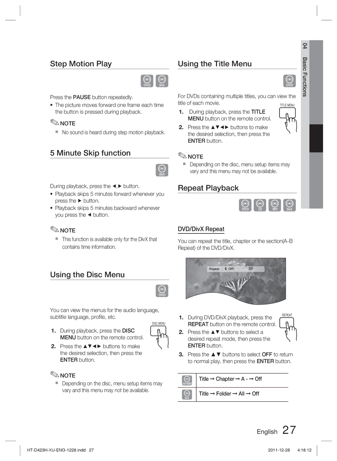 Samsung HT-D423H/XE Step Motion Play, Minute Skip function, Using the Disc Menu Using the Title Menu, Repeat Playback 