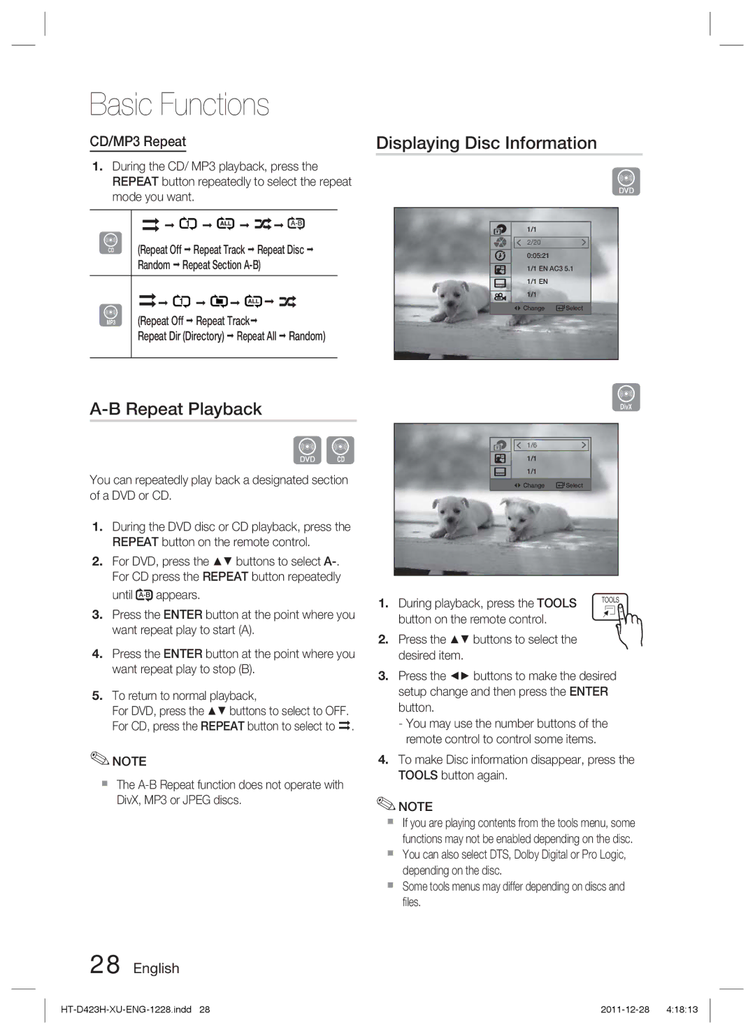 Samsung HT-D423H/EN Displaying Disc Information, CD/MP3 Repeat, During playback, press the Tools, Repeat Off Repeat Track 