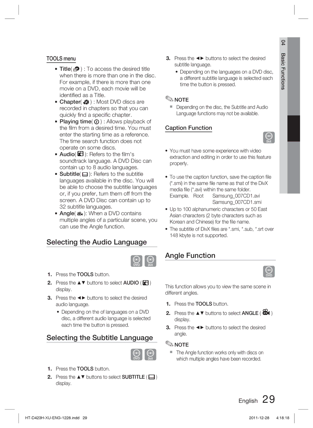 Samsung HT-D423H/XN, HT-D423H/EN Selecting the Audio Language, Selecting the Subtitle Language, Angle Function, Tools menu 