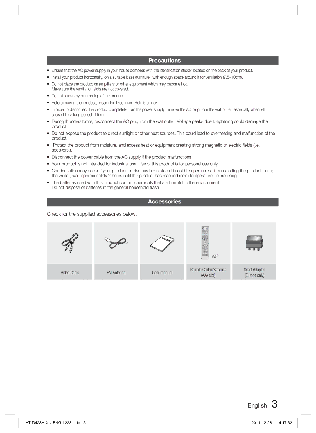 Samsung HT-D423H/XE, HT-D423H/EN, HT-D423H/XN manual Precautions, Accessories, Check for the supplied accessories below 