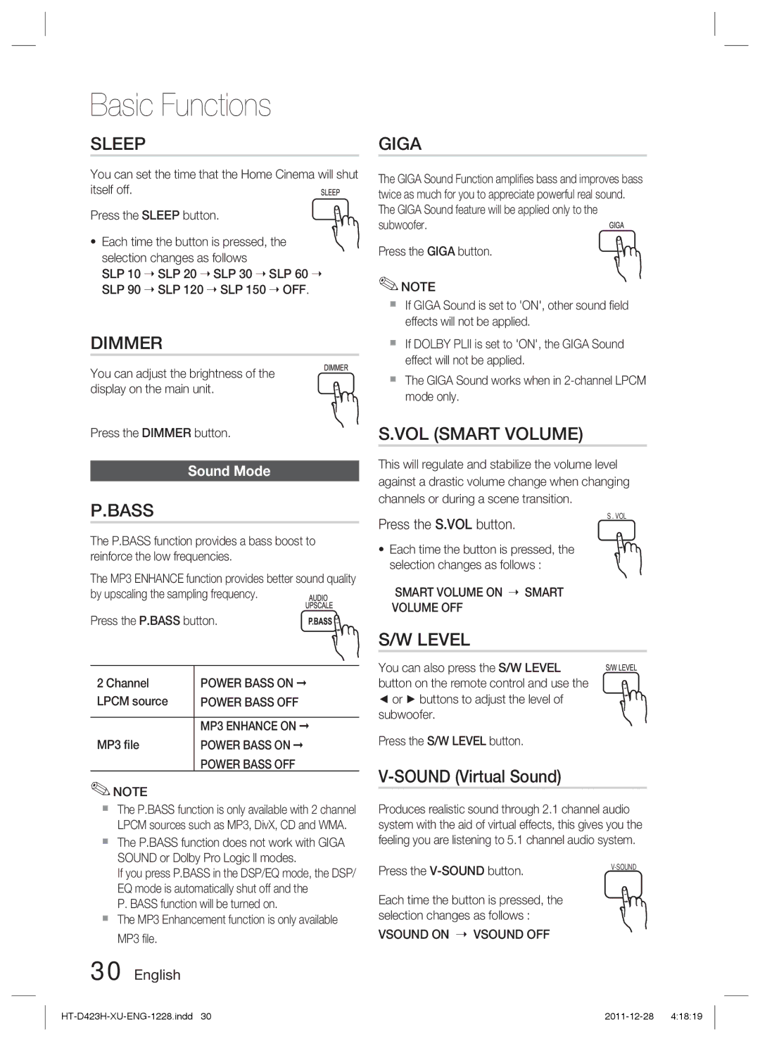 Samsung HT-D423H/ZF, HT-D423H/EN, HT-D423H/XN, HT-D423H/XE manual Sound Virtual Sound, Sound Mode, Press the S.VOL button 