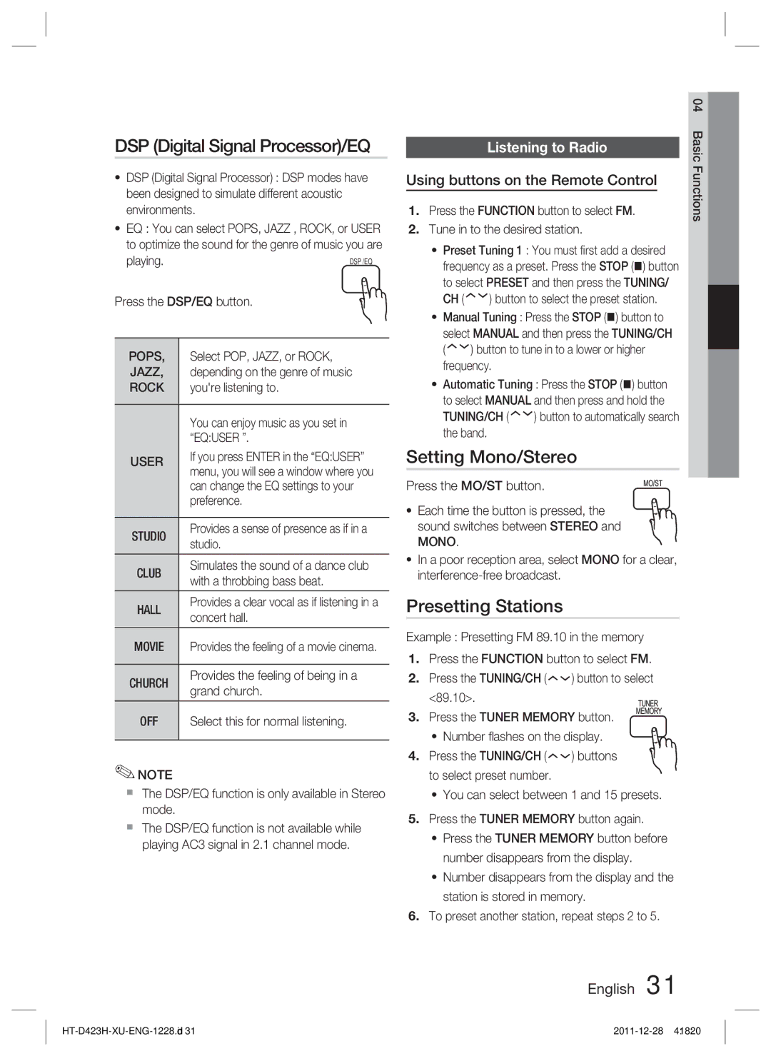 Samsung HT-D423H/XE manual DSP Digital Signal Processor/EQ, Setting Mono/Stereo, Presetting Stations, Listening to Radio 