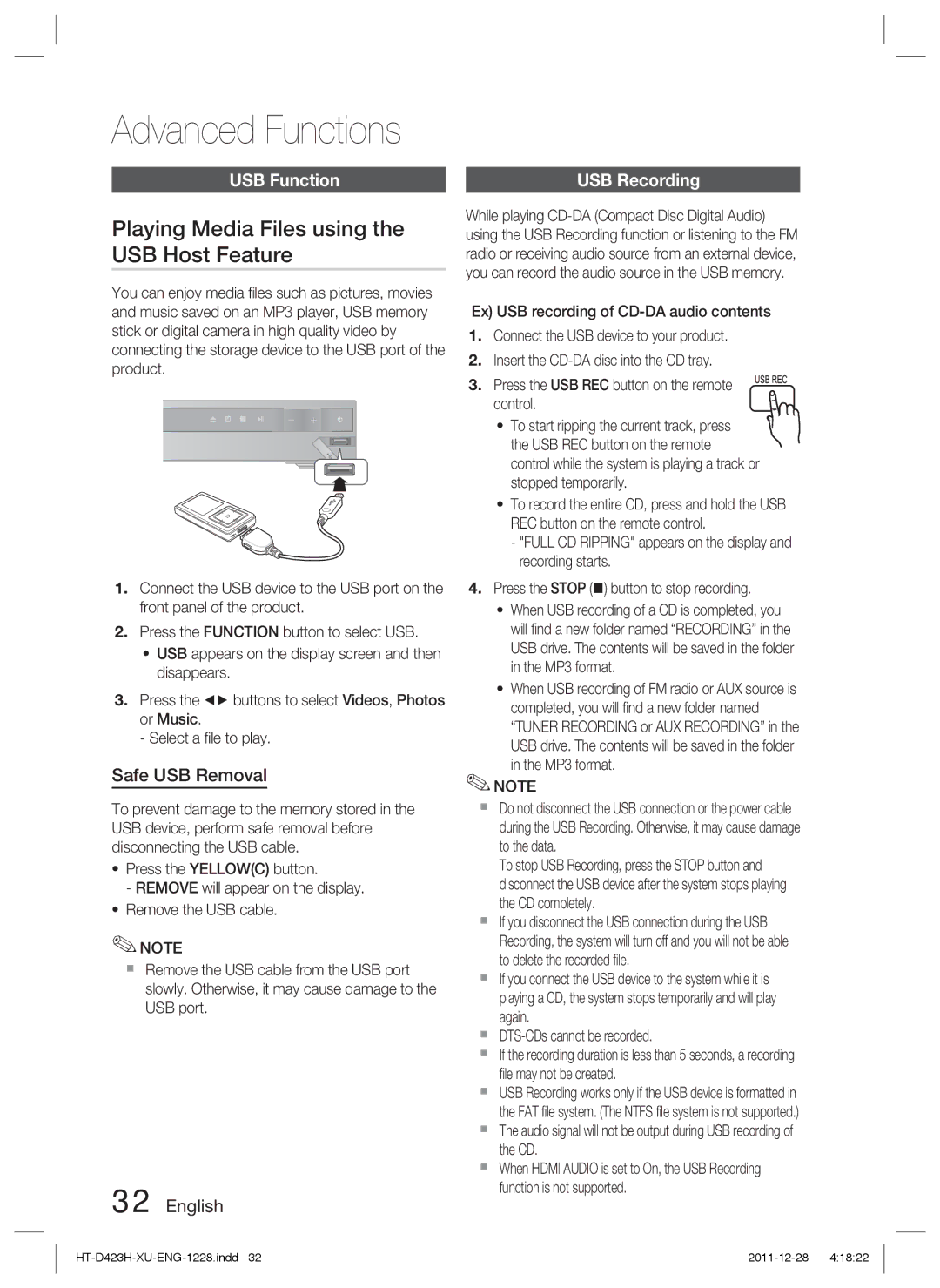 Samsung HT-D423H/EN manual Playing Media Files using the USB Host Feature, USB Function, Safe USB Removal, USB Recording 