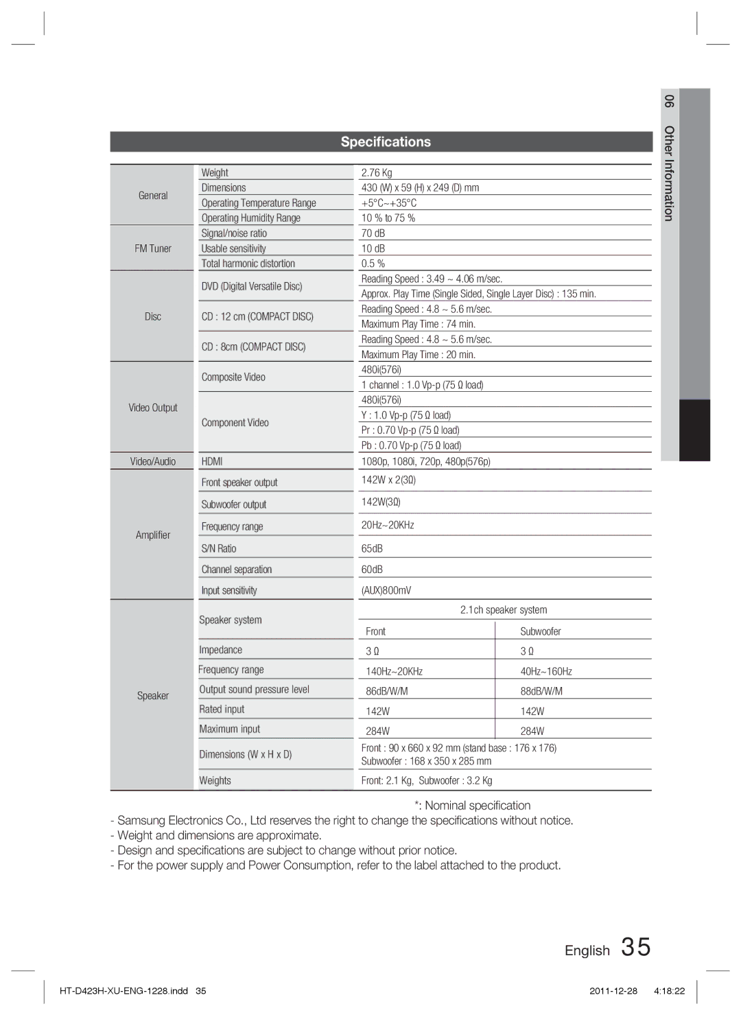 Samsung HT-D423H/XE, HT-D423H/EN, HT-D423H/XN manual Speciﬁcations, Other, Information, Reading Speed 3.49 ~ 4.06 m/sec 