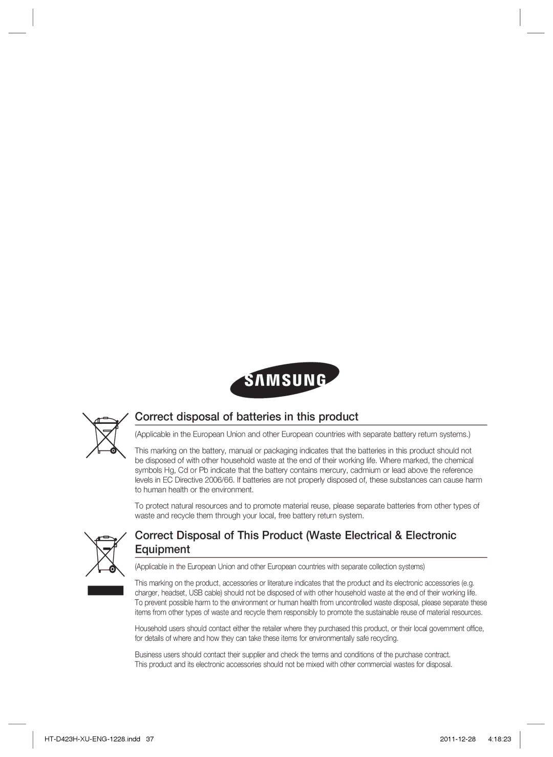 Samsung HT-D423H/XN, HT-D423H/EN, HT-D423H/ZF, HT-D423H/XE manual Correct disposal of batteries in this product 