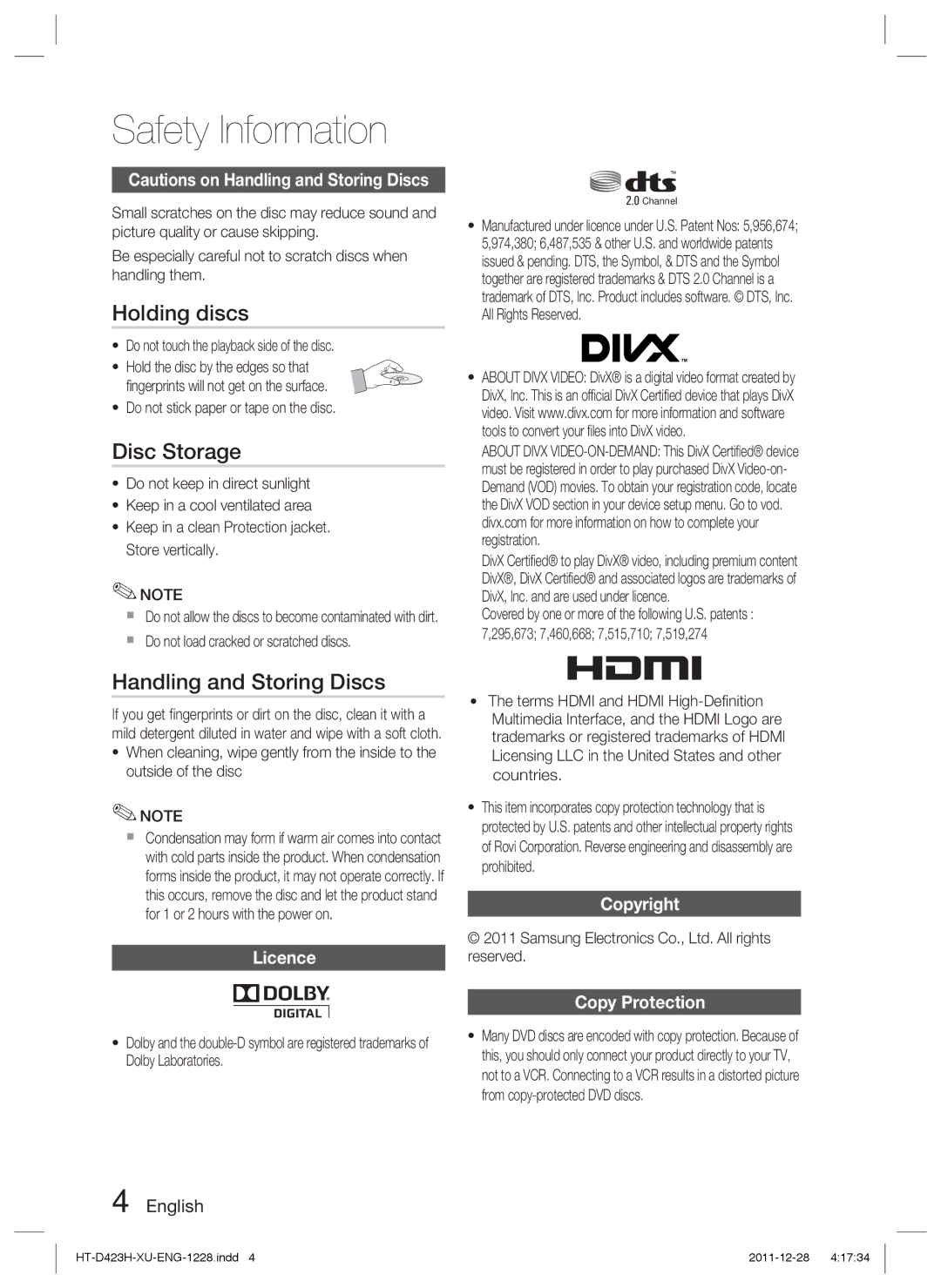 Samsung HT-D423H/EN manual Holding discs, Disc Storage, Handling and Storing Discs, Licence, Copyright Copy Protection 