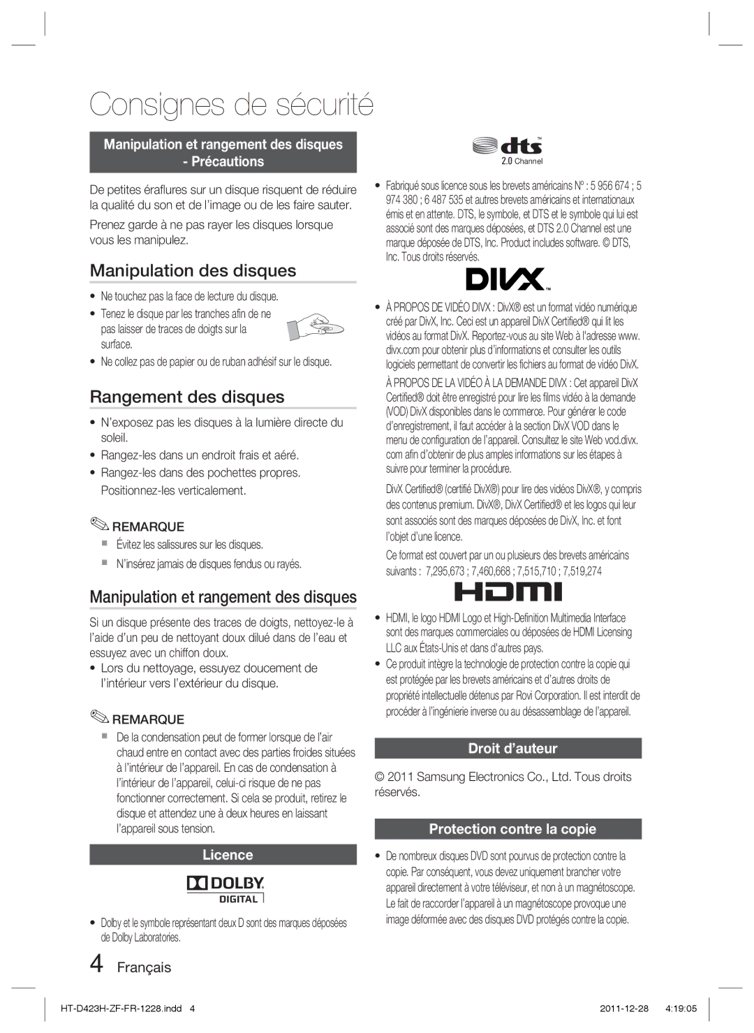 Samsung HT-D423H/XN, HT-D423H/EN Manipulation des disques, Rangement des disques, Manipulation et rangement des disques 