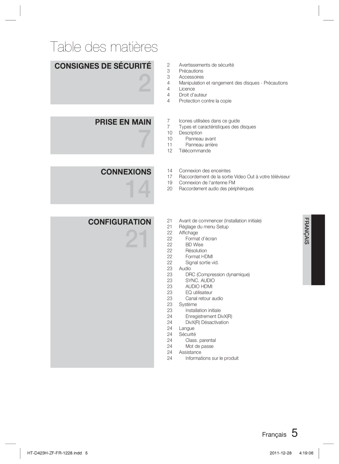 Samsung HT-D423H/ZF, HT-D423H/EN, HT-D423H/XN, HT-D423H/XE manual Table des matières 