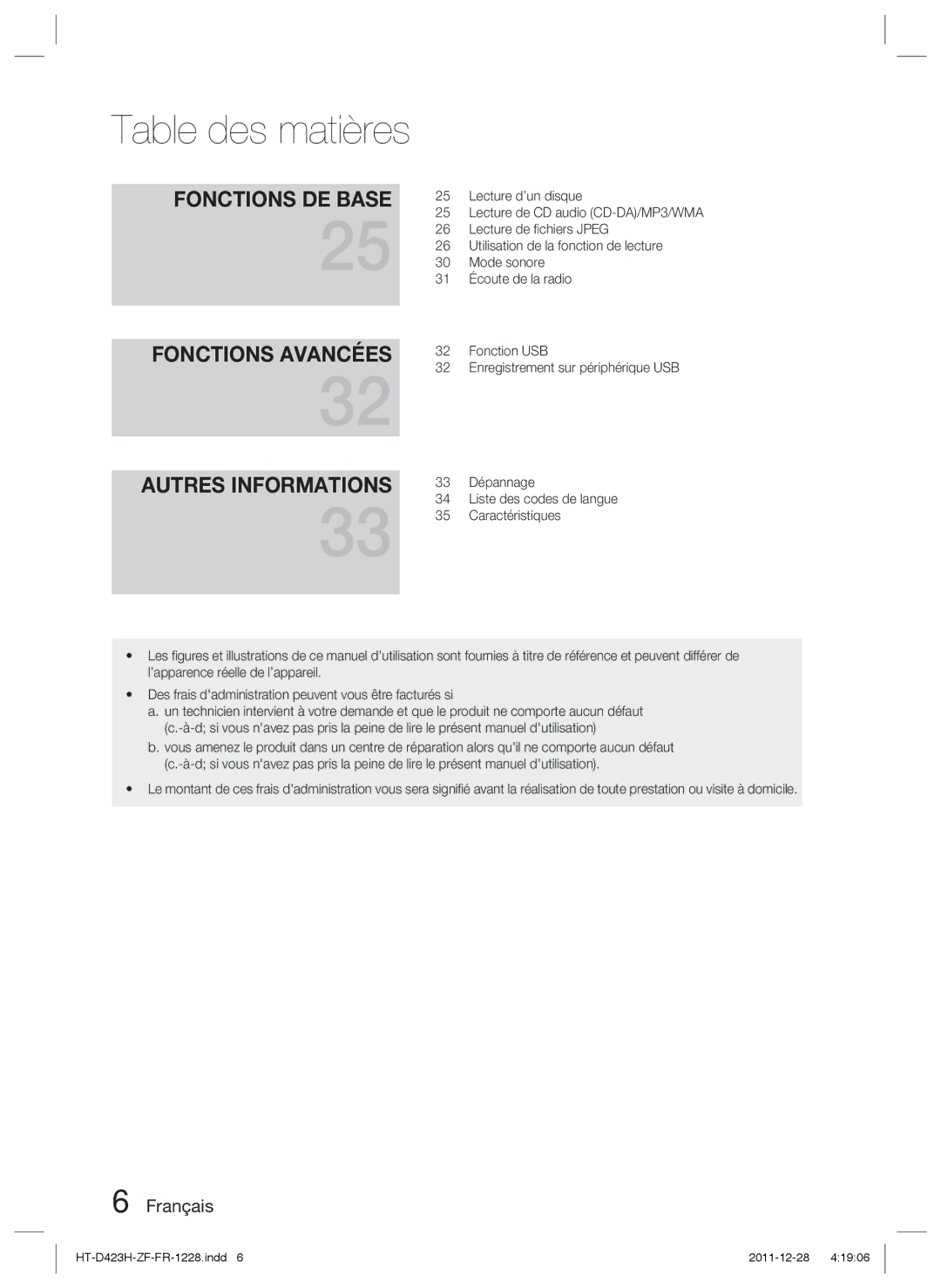 Samsung HT-D423H/XE manual Lecture d’un disque, Lecture de ﬁchiers Jpeg, Utilisation de la fonction de lecture, Mode sonore 