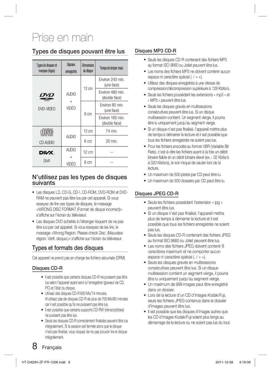 Samsung HT-D423H/XN, HT-D423H/EN manual Types de disques pouvant être lus, ’utilisez pas les types de disques suivants 