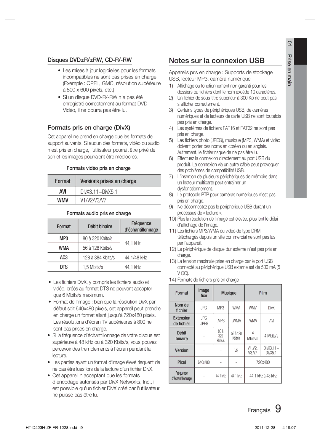 Samsung HT-D423H/ZF manual Disques DVD±R/±RW, CD-R/-RW, Formats pris en charge DivX, Format Versions prises en charge 