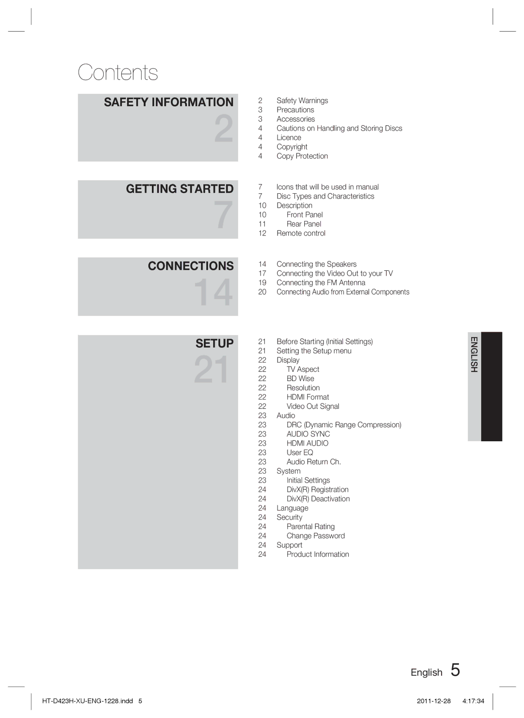 Samsung HT-D423H/XN, HT-D423H/EN, HT-D423H/ZF, HT-D423H/XE manual Contents 