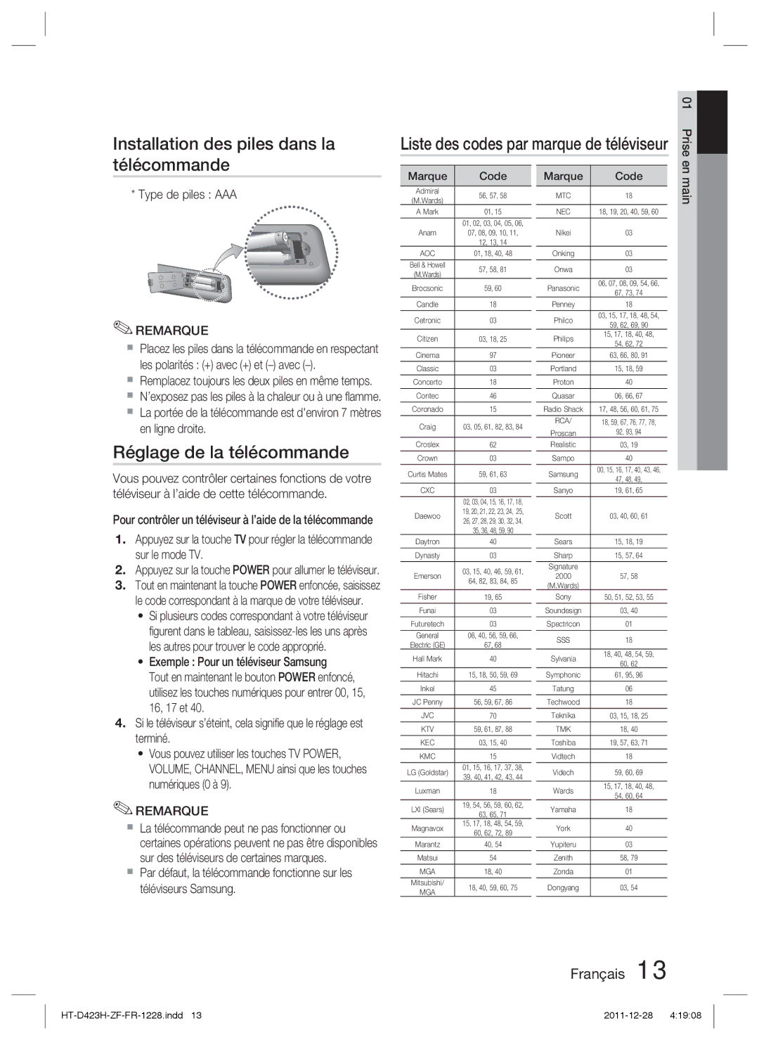 Samsung HT-D423H/ZF manual Installation des piles dans la télécommande, Réglage de la télécommande, Type de piles AAA 