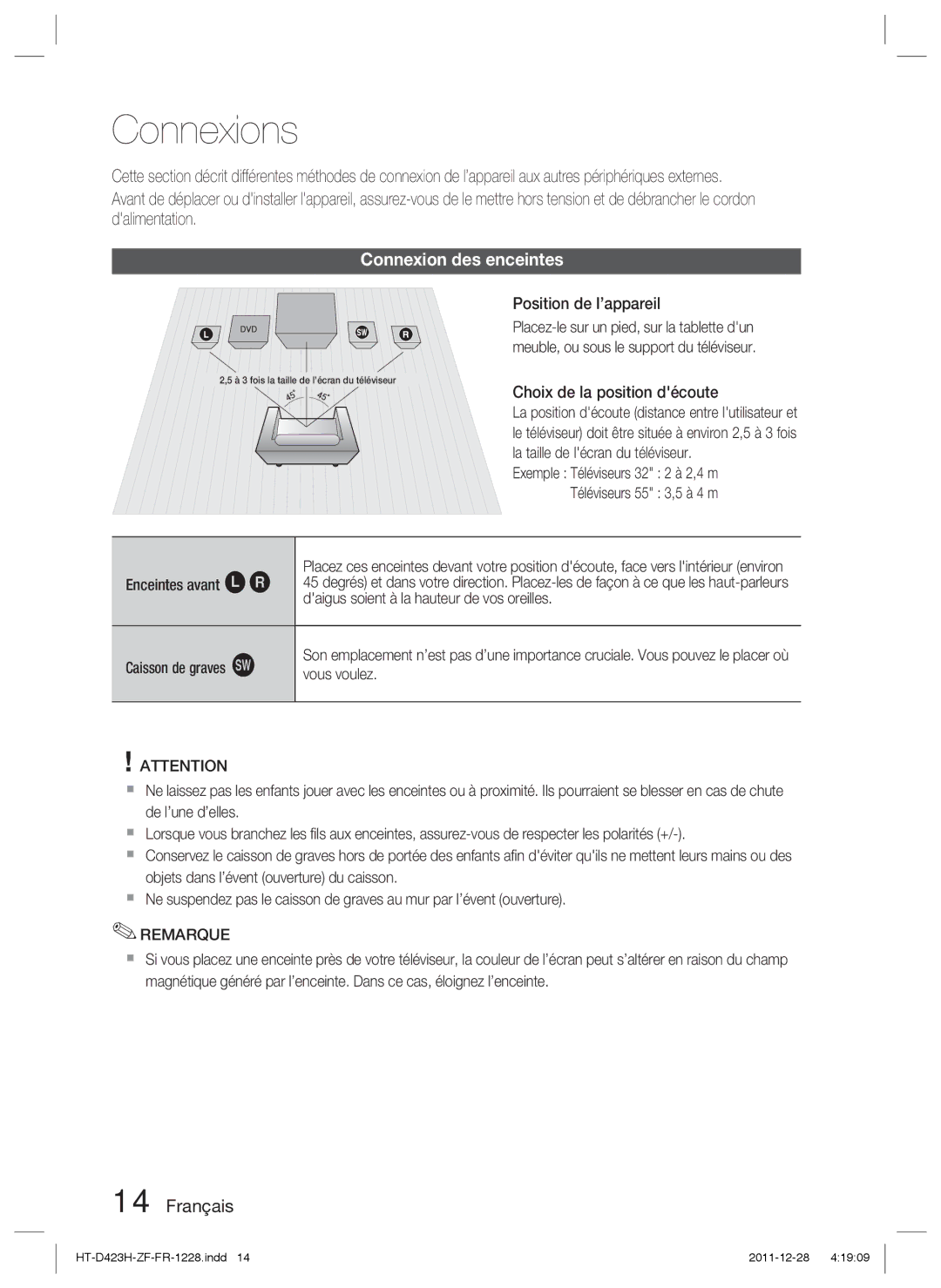 Samsung HT-D423H/XE, HT-D423H/EN Connexions, Connexion des enceintes, Position de l’appareil, Choix de la position découte 