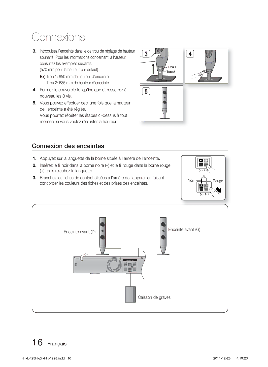 Samsung HT-D423H/XN, HT-D423H/EN, HT-D423H/ZF manual Connexion des enceintes, Mm pour la hauteur par défaut, Noir Rouge 