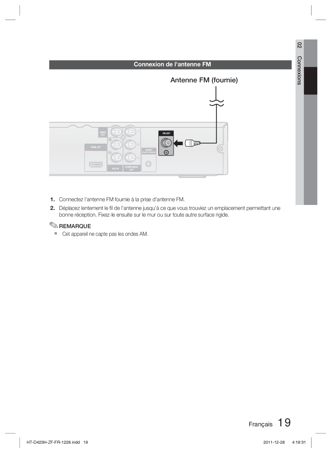 Samsung HT-D423H/EN Antenne FM fournie, Connexion de lantenne FM, Connectez l’antenne FM fournie à la prise dantenne FM 