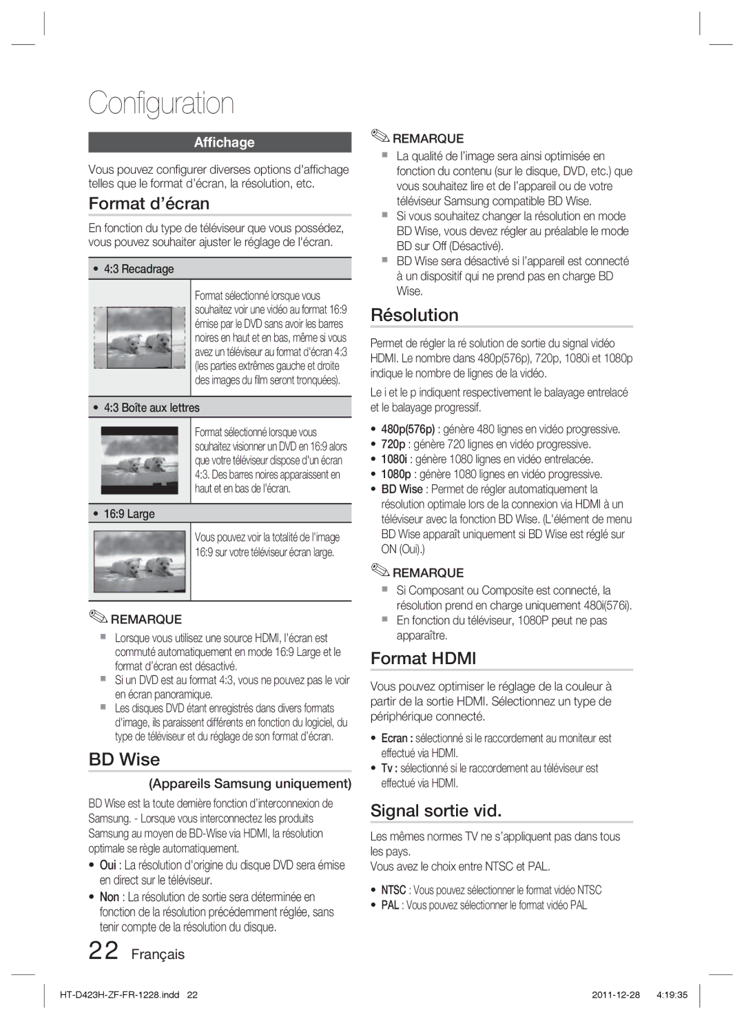 Samsung HT-D423H/XE, HT-D423H/EN, HT-D423H/XN manual Format d’écran, Résolution, Format Hdmi, Signal sortie vid, Afﬁchage 