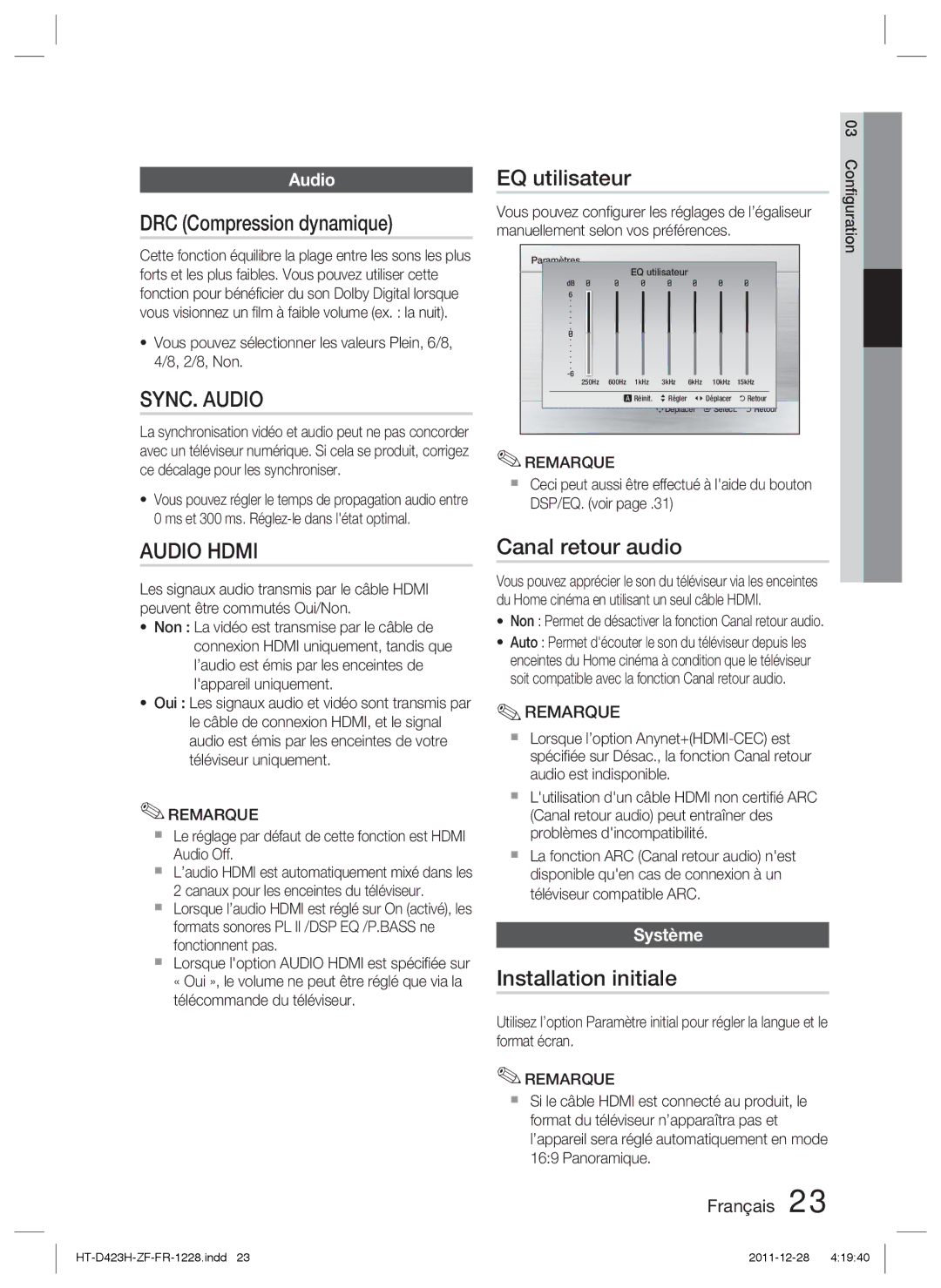 Samsung HT-D423H/EN manual DRC Compression dynamique, EQ utilisateur, Canal retour audio, Installation initiale, Système 