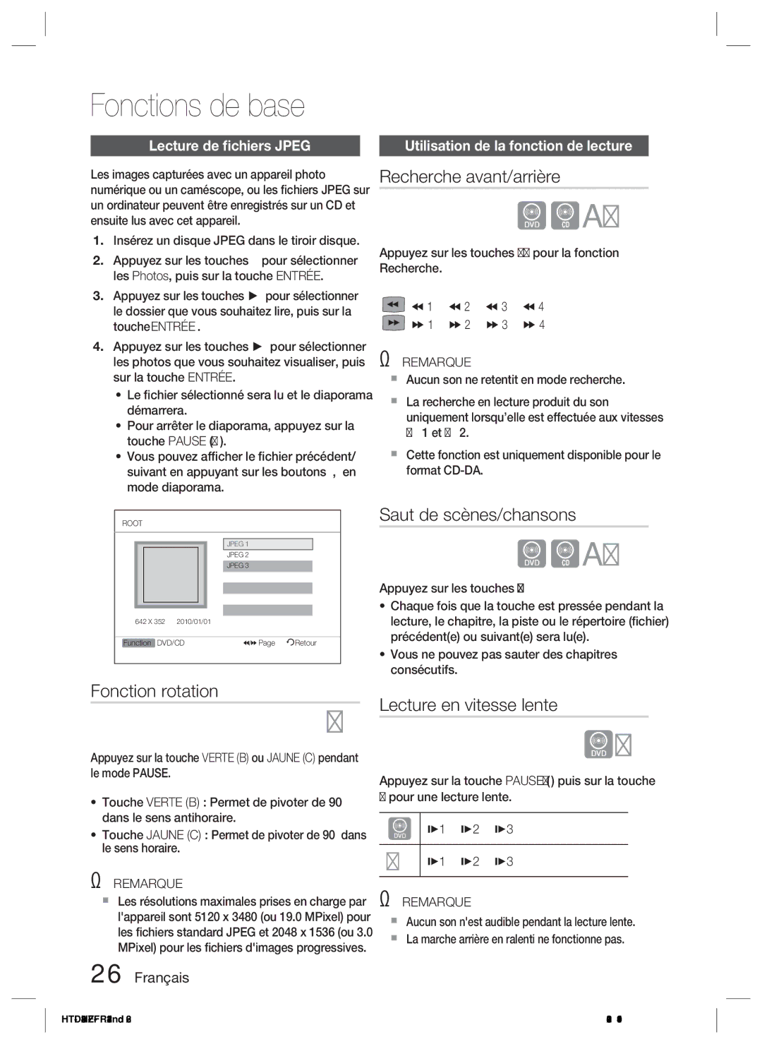 Samsung HT-D423H/XE manual Fonction rotation, Recherche avant/arrière, Saut de scènes/chansons, Lecture en vitesse lente 