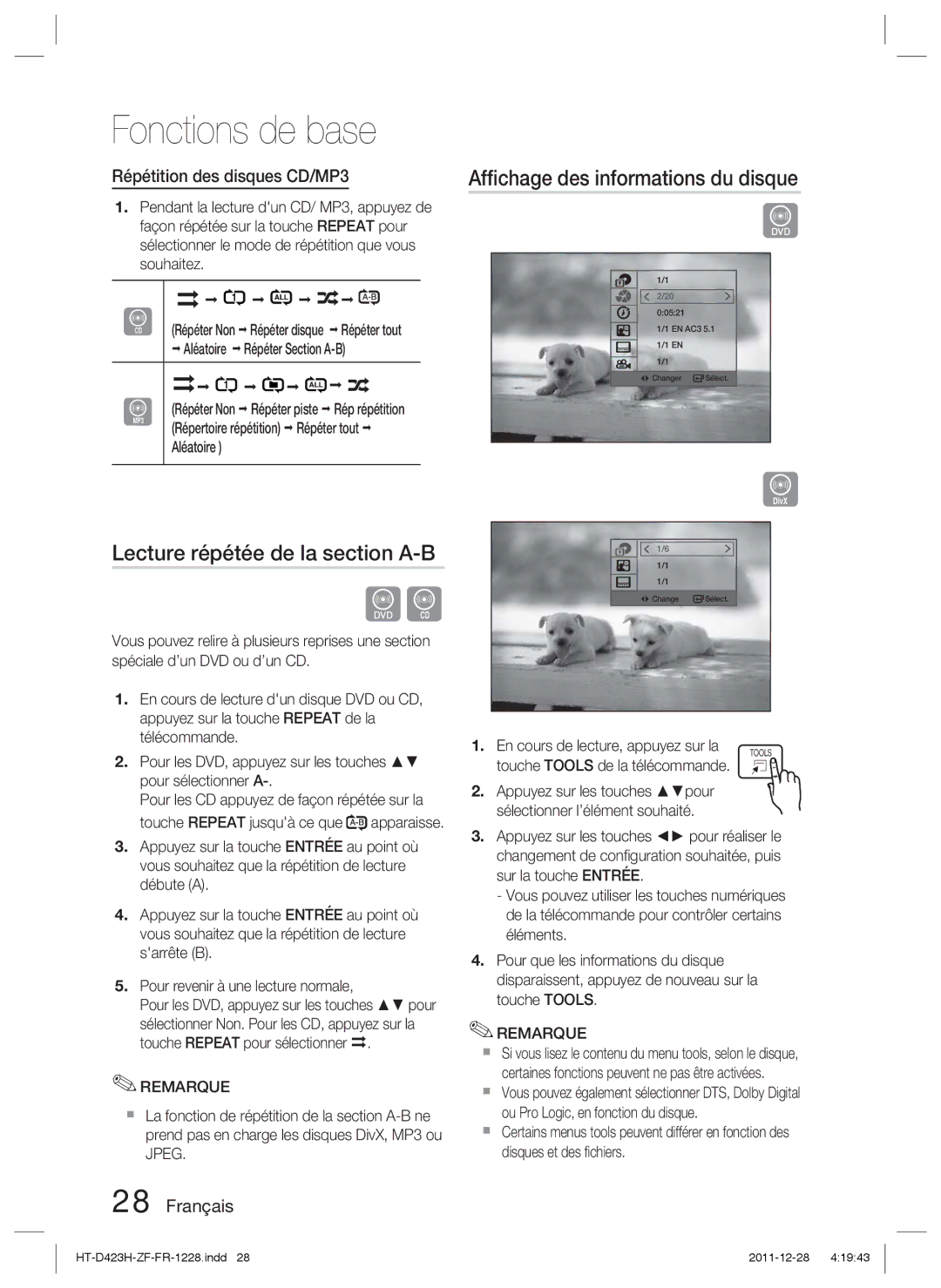 Samsung HT-D423H/XN, HT-D423H/EN, HT-D423H/ZF manual Lecture répétée de la section A-B, Afﬁchage des informations du disque 