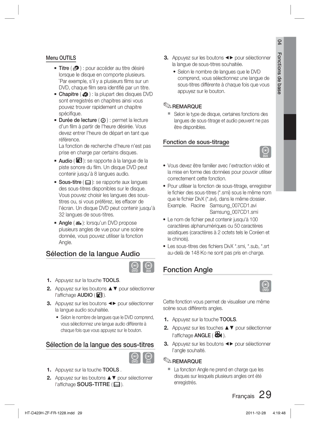 Samsung HT-D423H/ZF, HT-D423H/EN manual Sélection de la langue Audio, Fonction Angle, Fonction de sous-titrage, Menu Outils 