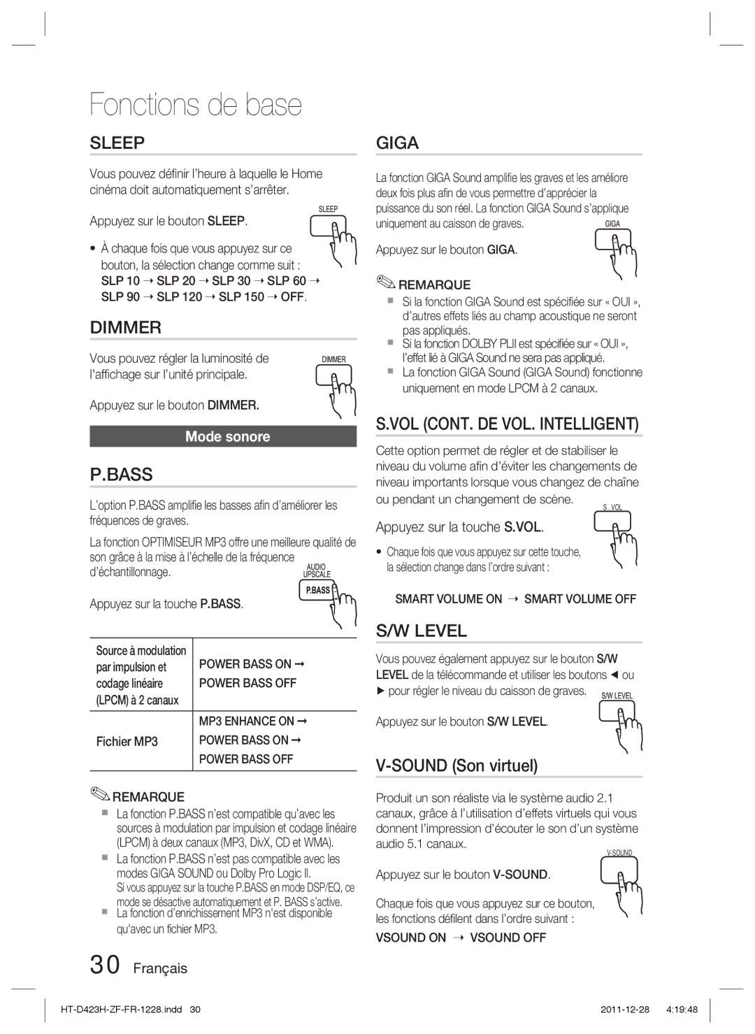 Samsung HT-D423H/XE, HT-D423H/EN, HT-D423H/XN, HT-D423H/ZF manual Sound Son virtuel, Appuyez sur la touche S.VOL 