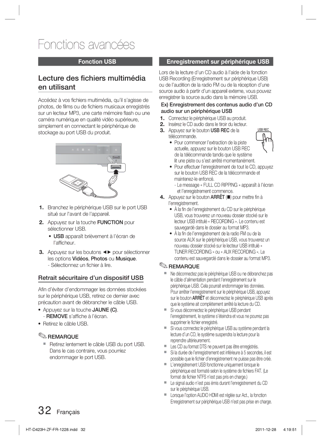 Samsung HT-D423H/XN Lecture des ﬁchiers multimédia en utilisant, Fonction USB, Retrait sécuritaire d’un dispositif USB 