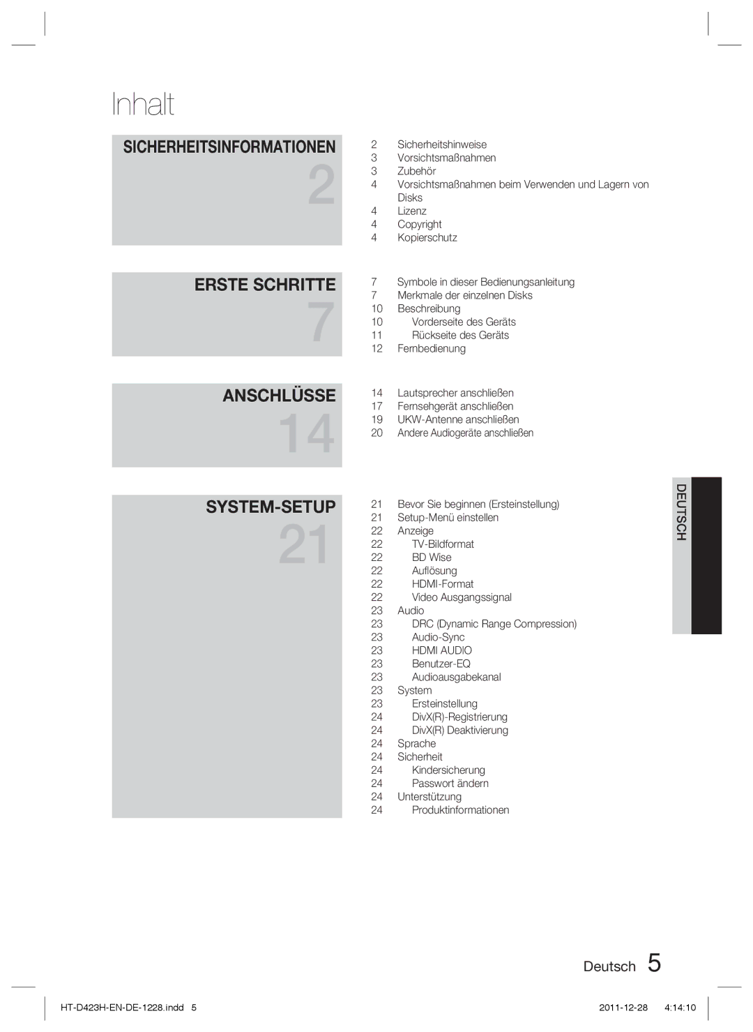 Samsung HT-D423H/XE, HT-D423H/EN, HT-D423H/XN, HT-D423H/ZF manual Inhalt 