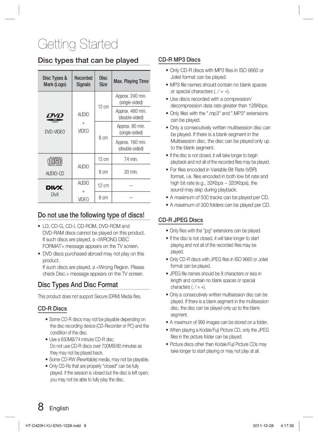 Samsung HT-D423H/EN Disc types that can be played, Disc Types And Disc Format, CD-R Discs, CD-R MP3 Discs, CD-R Jpeg Discs 